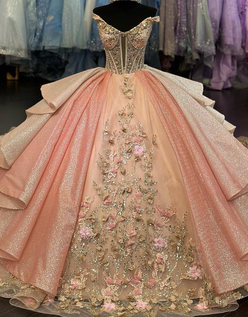 Sparkly Pink Golden Sweetheart Sequined Tulle Quinceanera Dresses With Appliques