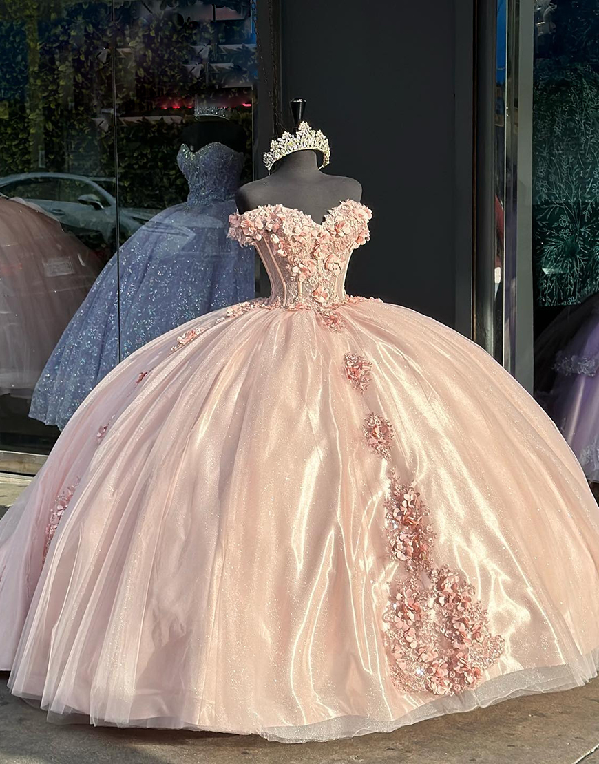 Sparkly Blush Sweetheart Sequined Tulle Quinceanera Dresses With Appliques