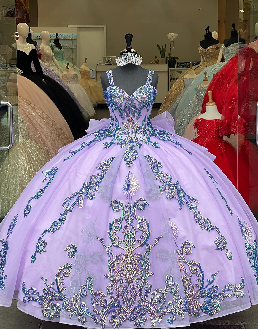 Sparkly Purple Straps Sequined Appliques Quinceanera Dresses With Bow