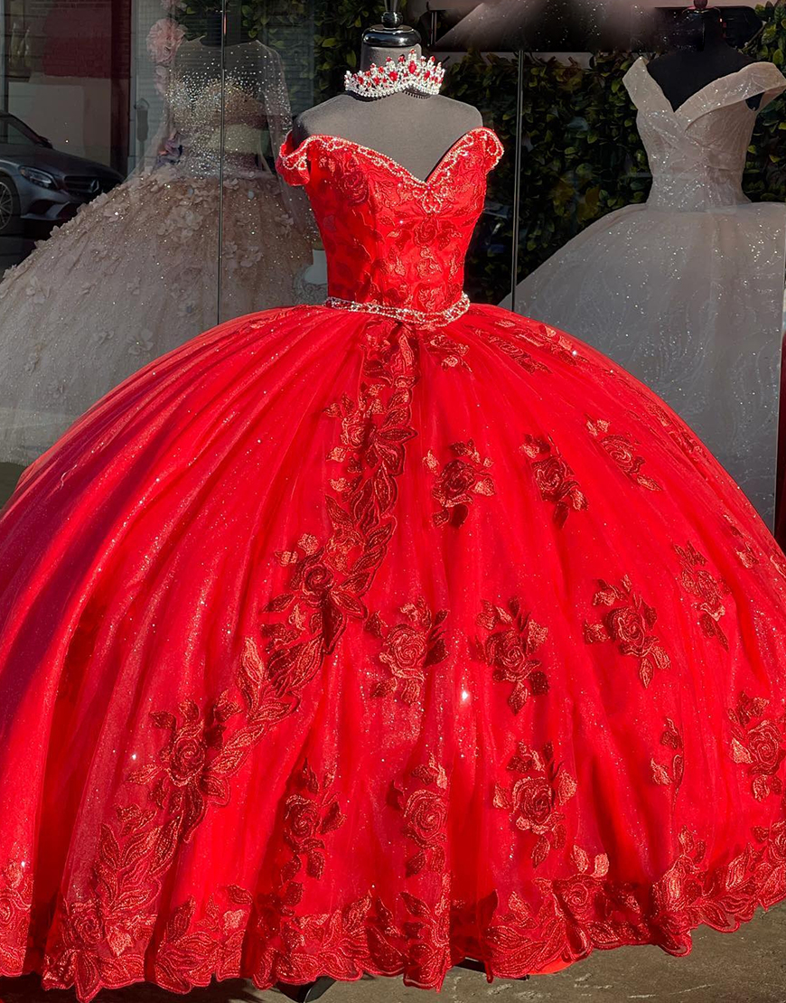 Sparkly Red Sweetheart Sequined Tulle Quinceanera Dresses With Appliques