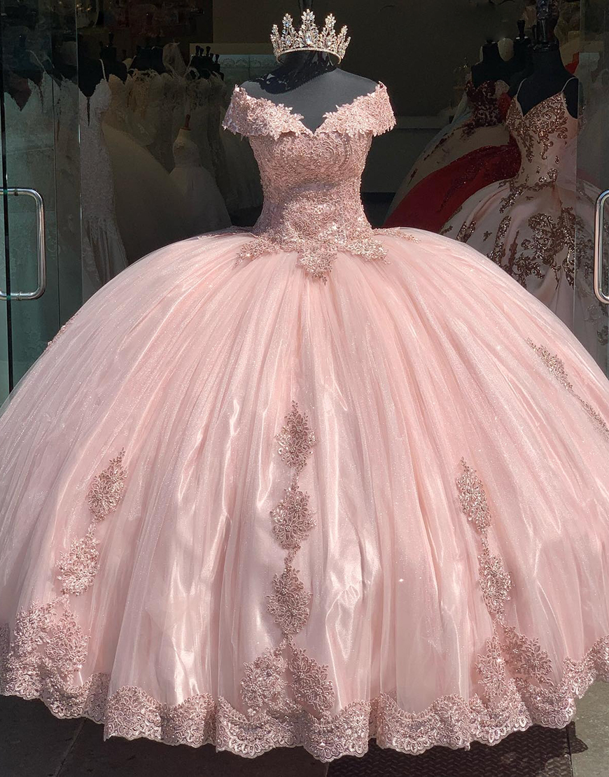 Sparkly Blush V-Neck Ruffle Beading Quinceanera Dresses With Appliques