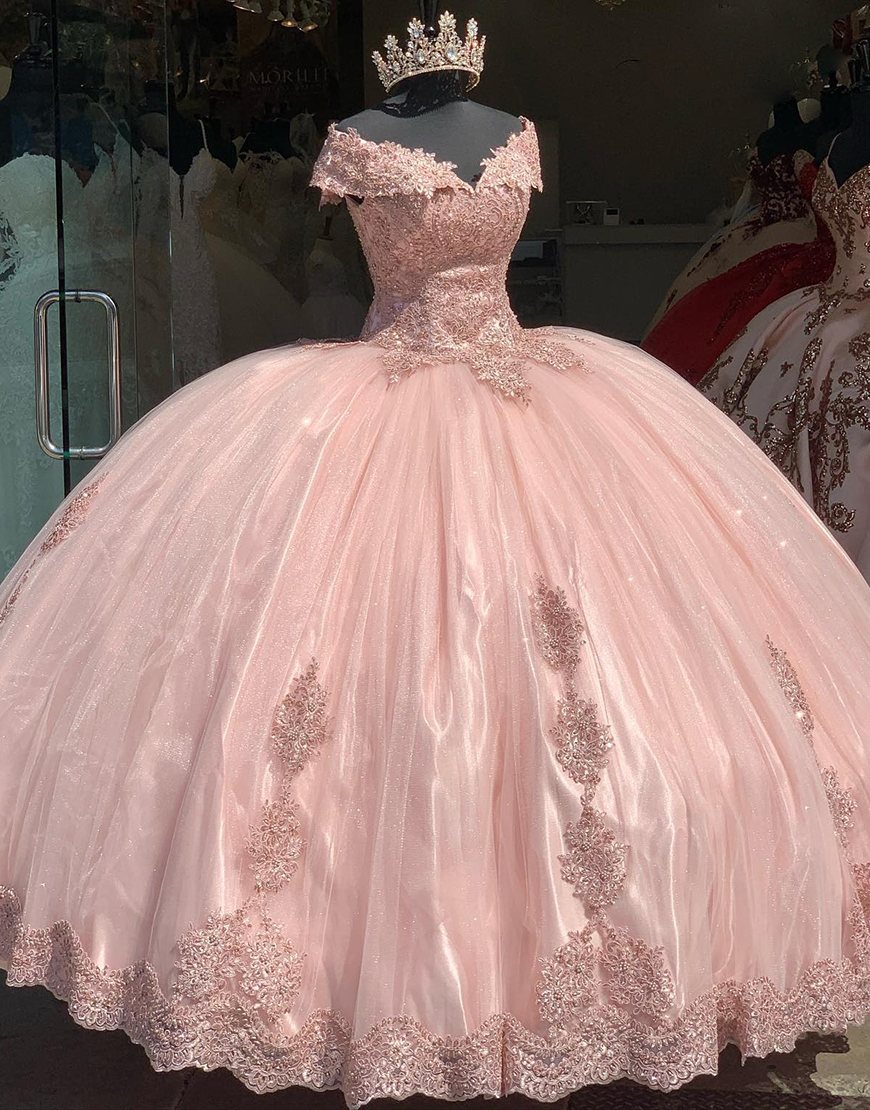Sparkly Blush V-Neck Ruffle Beading Quinceanera Dresses With Appliques