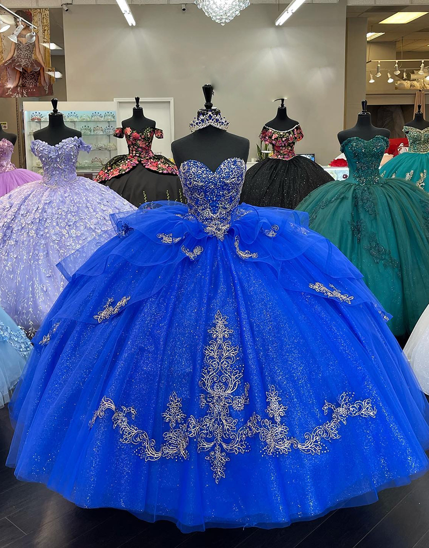 Sparkly Royal Blue Sweetheart Ruffle Beading Quinceanera Dresses With Appliques