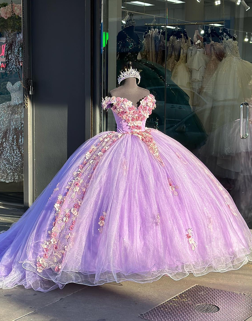 Sparkly Lilac Sweetheart Ruffle Sequined Flower Quinceanera Dresses With Appliques
