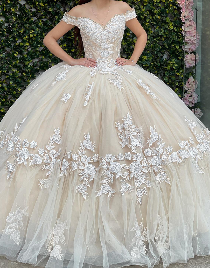 Apricot Sweetheart Off The Shoulder Sequined Quinceanera Dresses With Appliques