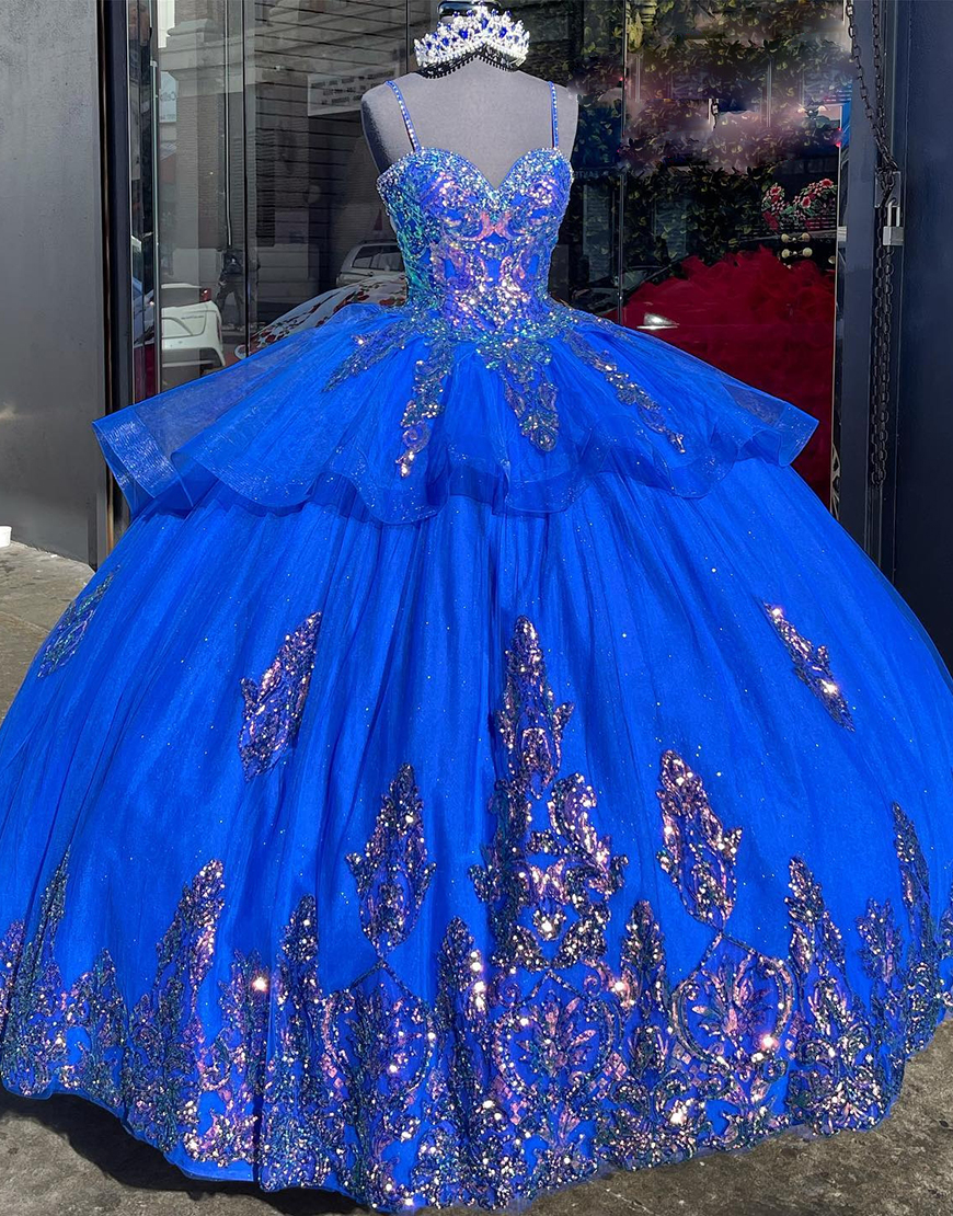 Sparkly Royal Blue Spaghetti Straps Sequined Ruffle Quinceanera Dresses With Appliques