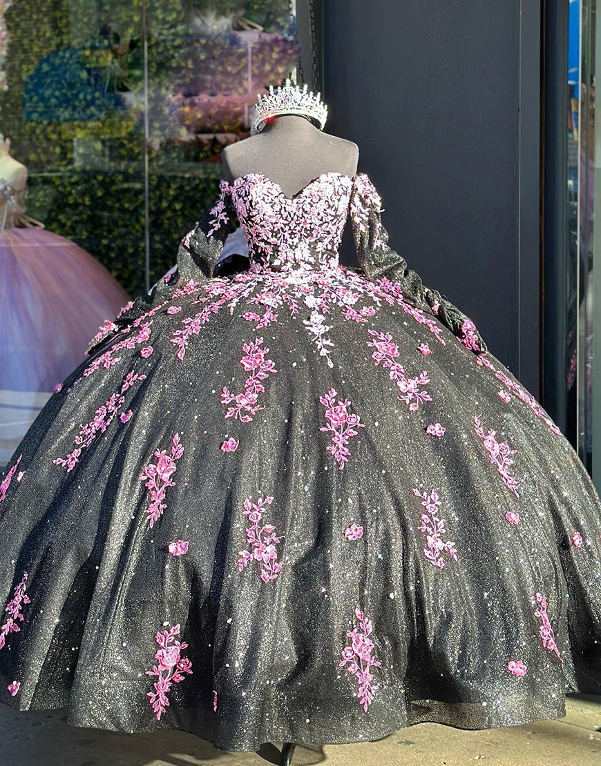 Sparkly Black Sweetheart Off The Shoulder Sequined Quinceanera Dresses With Pink Appliques