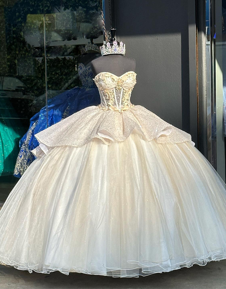 Sparkly Apricot Strapless Tiered Sequins Ruffles Quinceanera Dress with Rhinestones