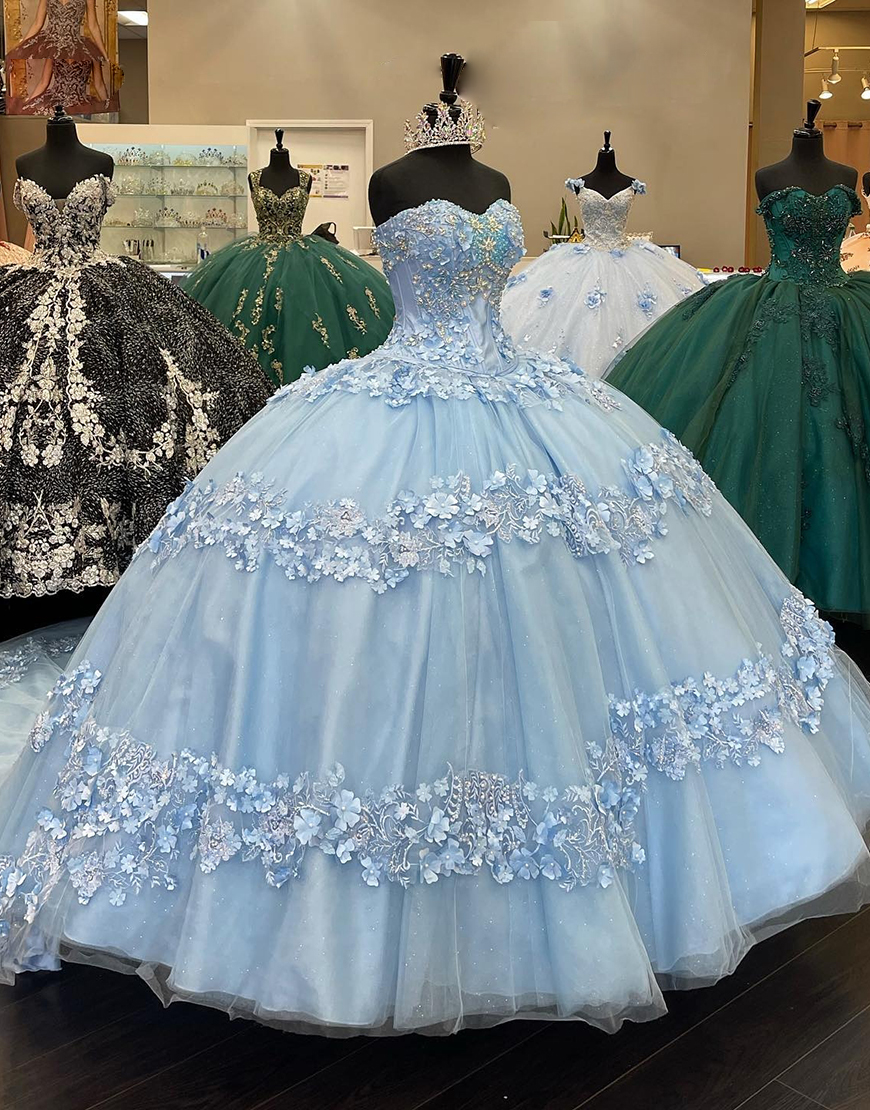 Sparkly Light Blue Strapless Rhinestones Corset Quinceanera Dress with Appliques