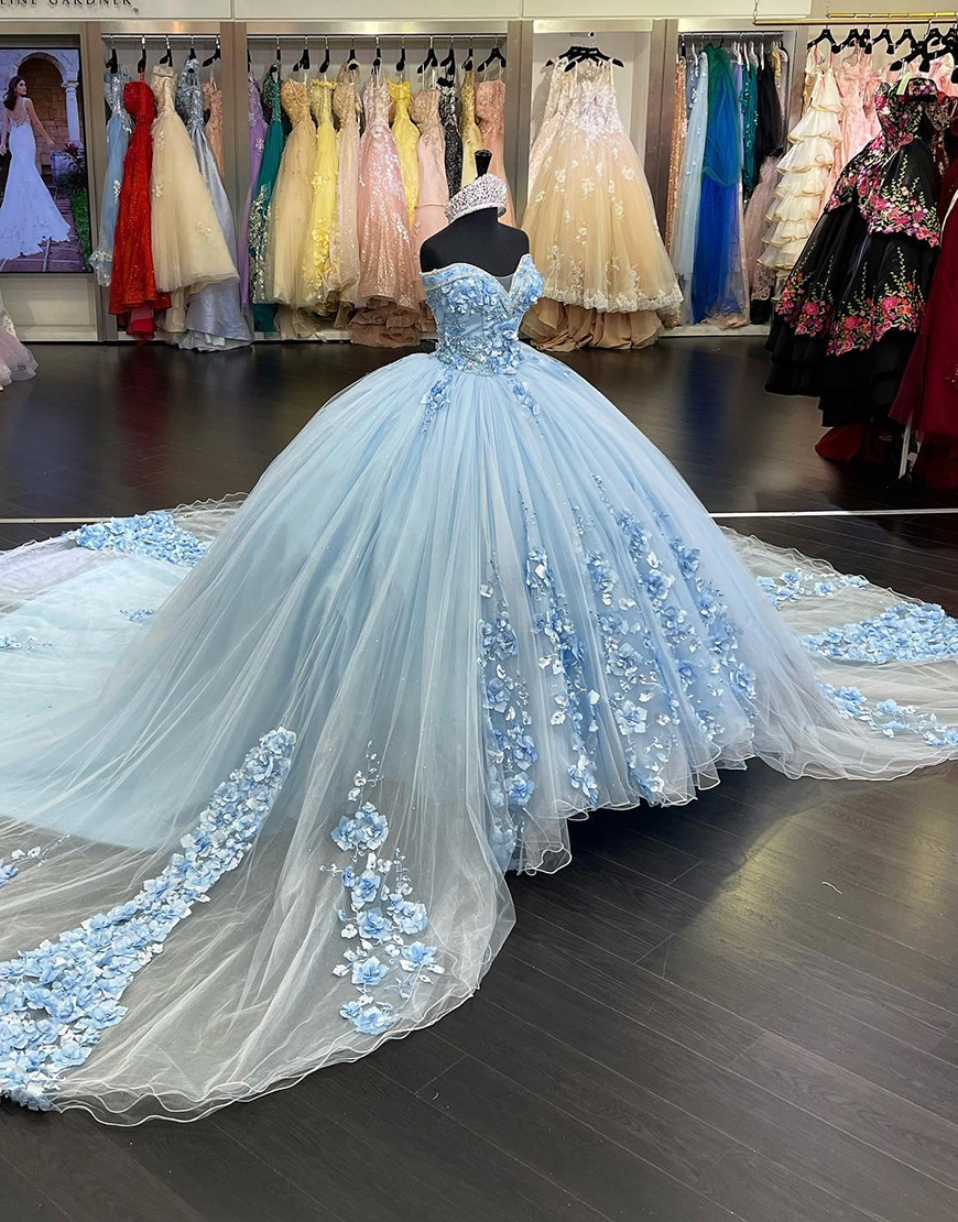 Sparkly Light Blue Sweetheart Strapless Tulle Quinceanera Dresses With Appliques