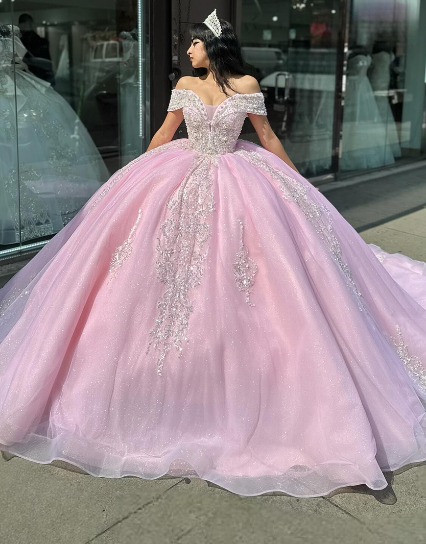 Sparkly Pink Off The Shoulder Ball Gowns Quinceanera Dresses with Rhinestones