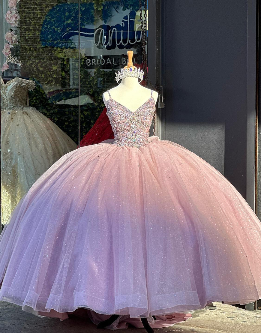 Sparkly Pink Spaghetti Straps Appliques Quinceanera Dresses with Bow