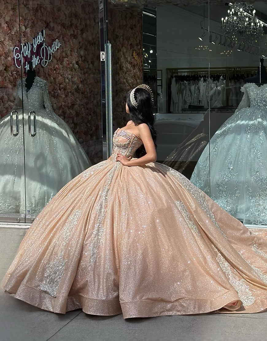 Sparkly Champange Strapless Corset Sequins Quinceanera Dresses with Rhinestones