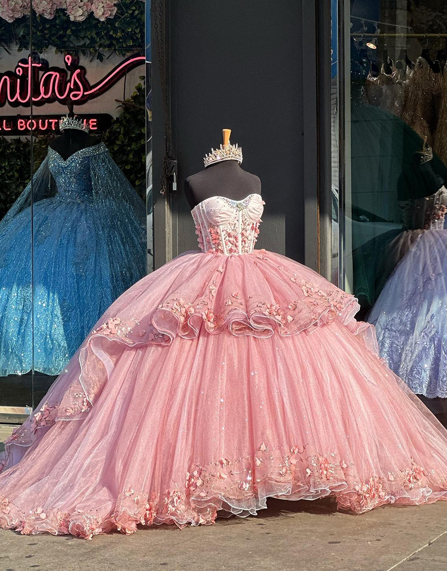Tiered Tulle Pink Strapless Corset Quinceanera Dresses with 3D Appliques 