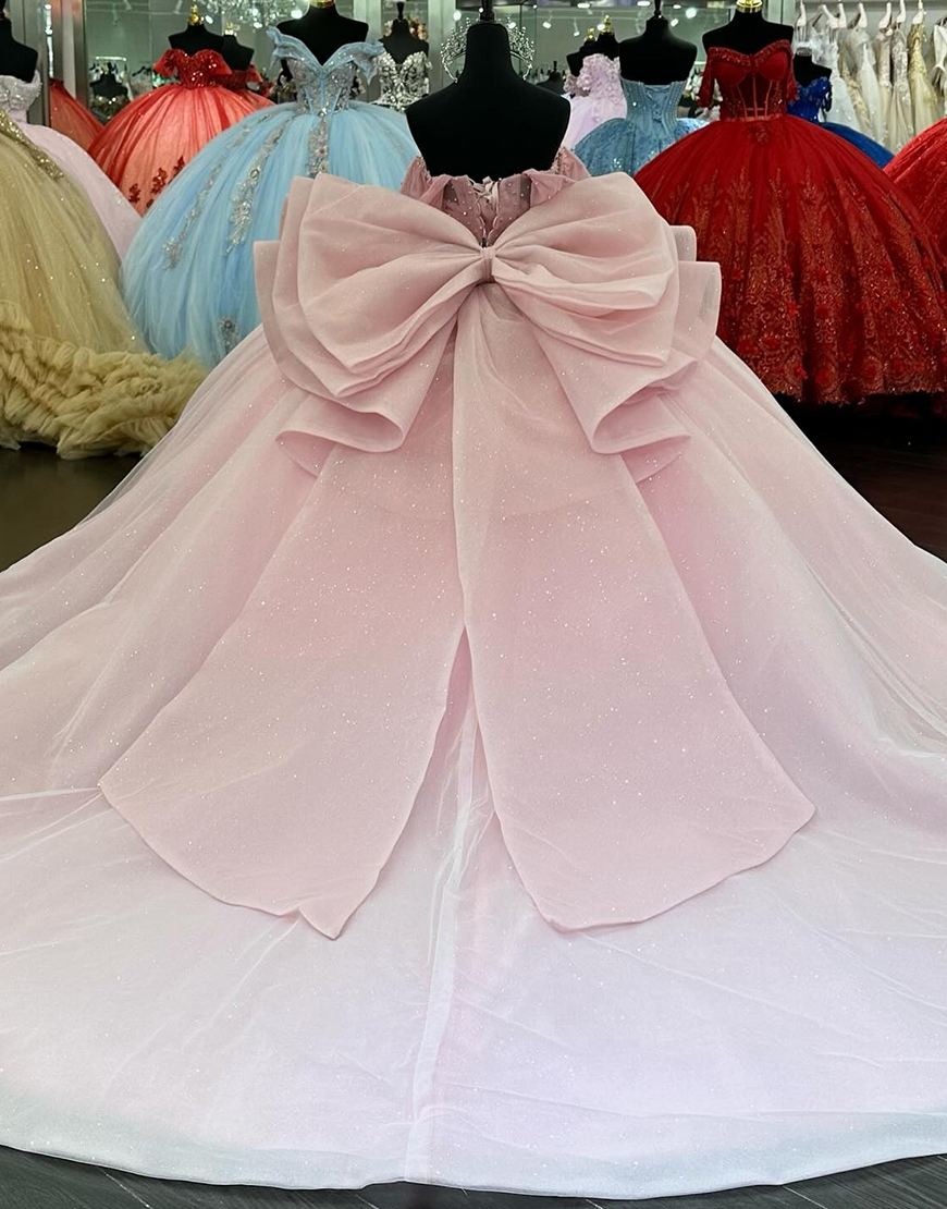 Sparkly Pink Off The Shoulder Beading Quinceanera Dresses with Bow