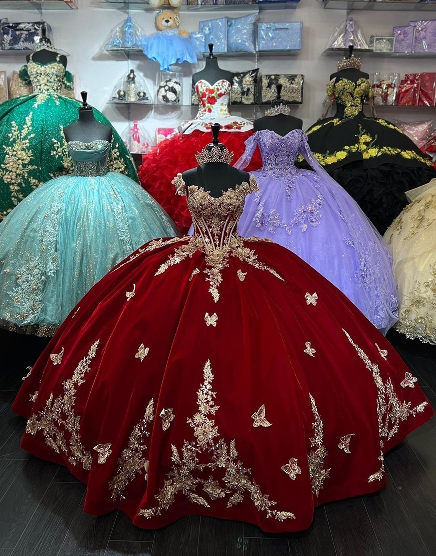 Sparkly Burgundy Off the Shoulder Corset Appliques Velvet Quinceanera Dress with Tulle Cape