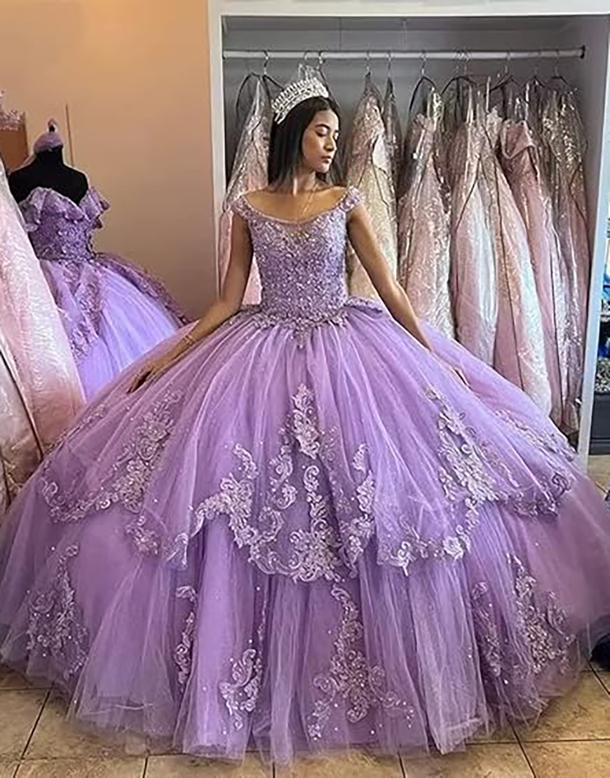 Sparkly Lilac Off the Shoulder Appliques Ruffles Tulle Quinceanera Dress with Bow