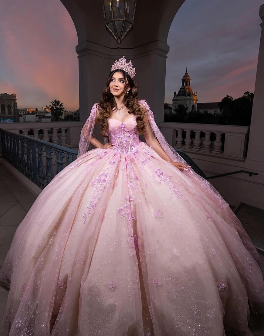 Sparkly Blush Champagne Spaghetti Straps Double Cape Corset Appliques Quinceanera Dress