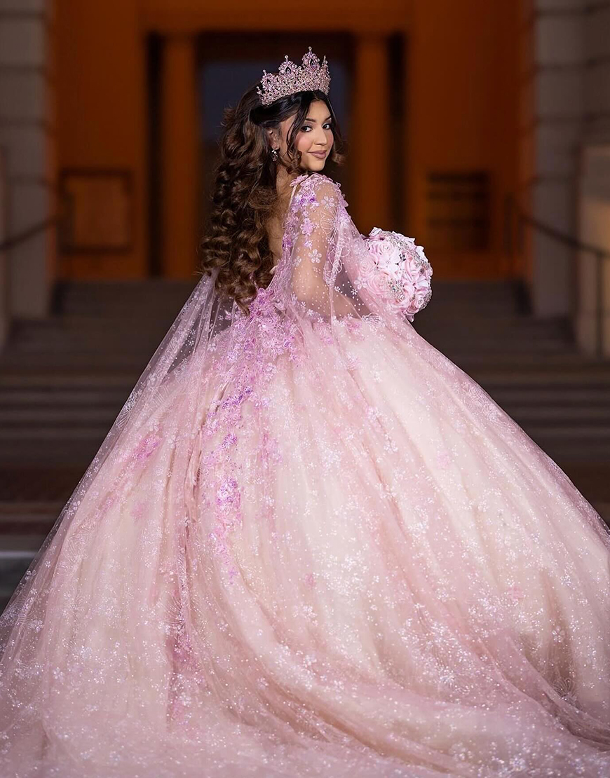 Sparkly Blush Champagne Spaghetti Straps Double Cape Corset Appliques Quinceanera Dress