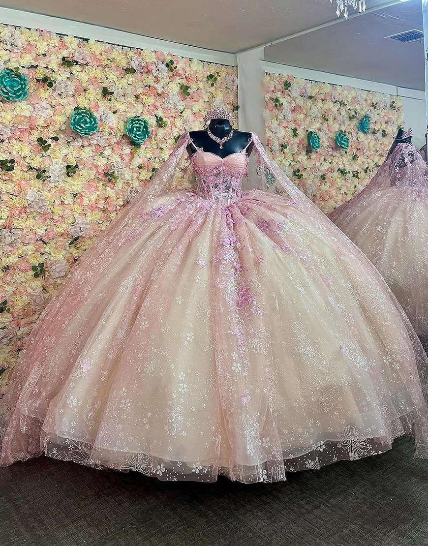 Sparkly Blush Champagne Spaghetti Straps Double Cape Corset Appliques Quinceanera Dress
