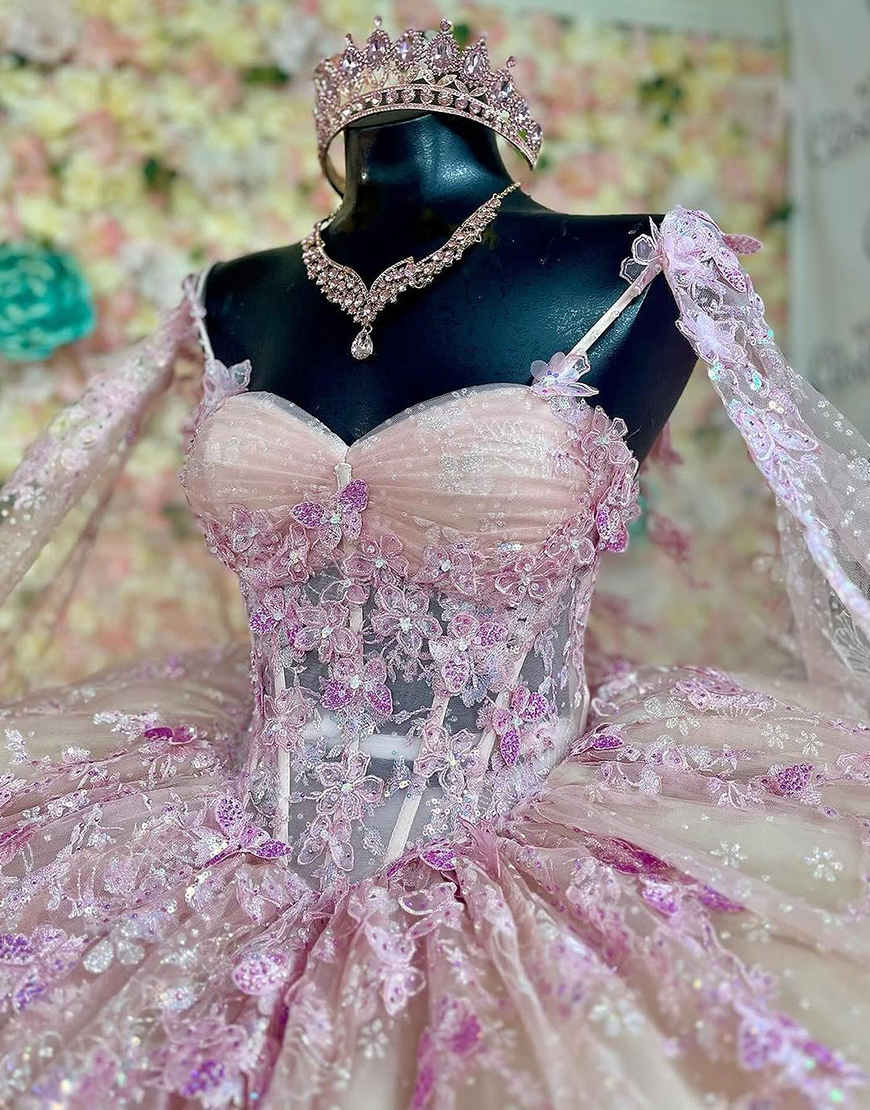 Sparkly Blush Champagne Spaghetti Straps Double Cape Corset Appliques Quinceanera Dress