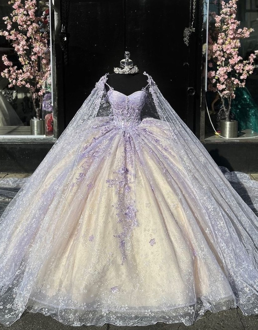 Berlinnova Women Sparkly Lilac Champagne Ball Gown Quinceanera Dress with Cape Spaghetti Straps Appliqued Corset Tulle Sweet 16 Dress