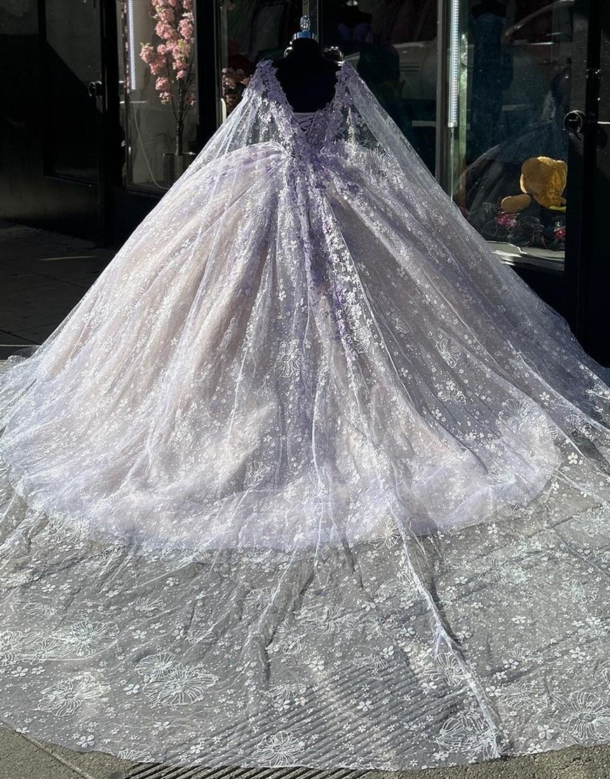 Sparkly Blush Champagne Spaghetti Straps Double Cape Corset Appliques Quinceanera Dress