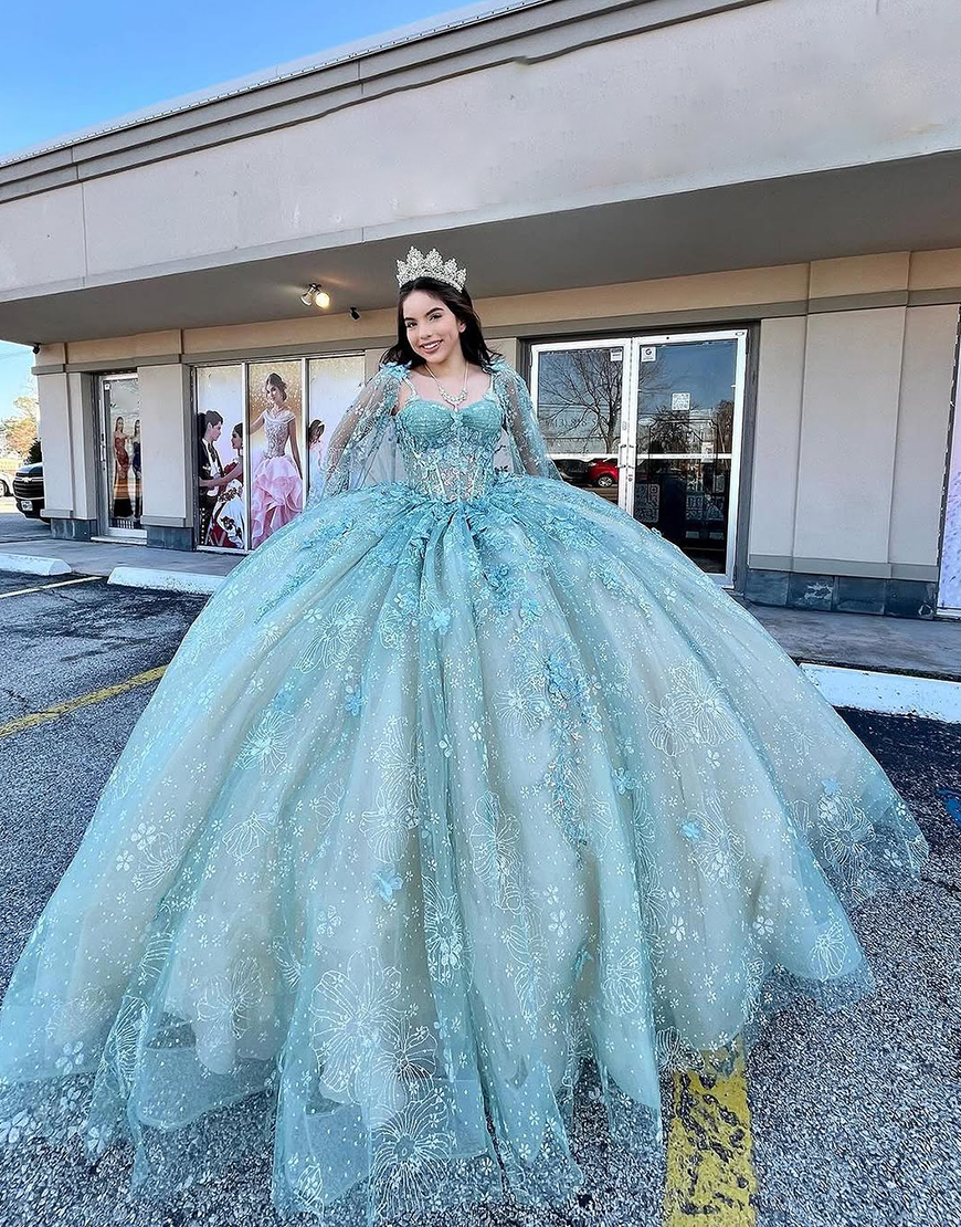 Sparkly Blush Champagne Spaghetti Straps Double Cape Corset Appliques Quinceanera Dress