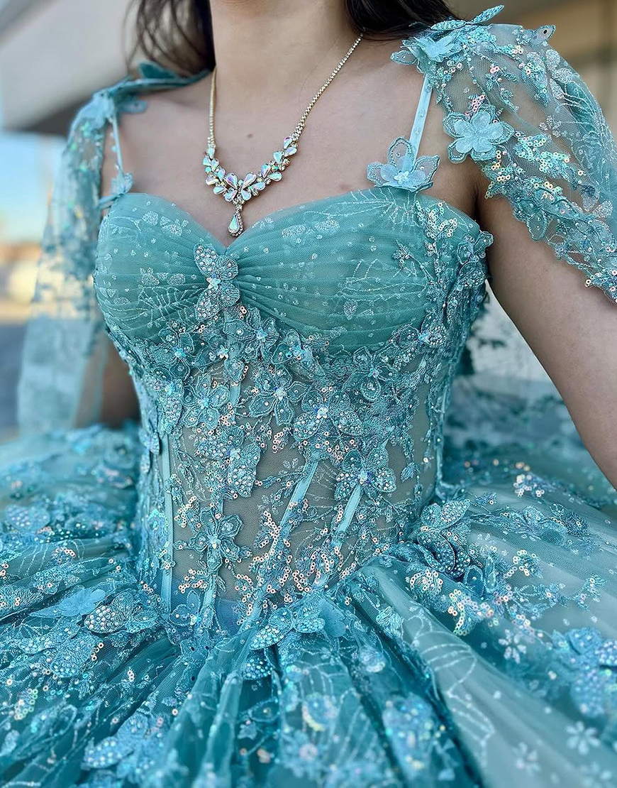 Sparkly Blush Champagne Spaghetti Straps Double Cape Corset Appliques Quinceanera Dress