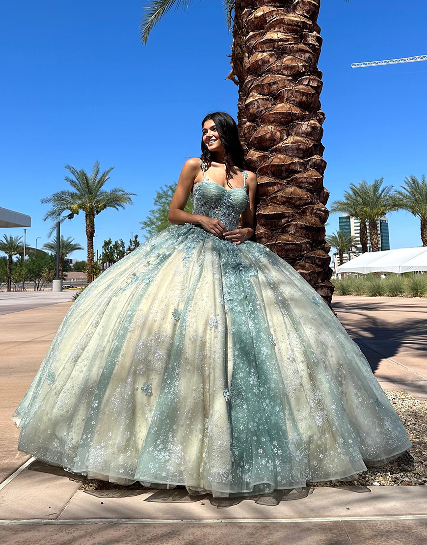 Sparkly Blush Champagne Spaghetti Straps Double Cape Corset Appliques Quinceanera Dress