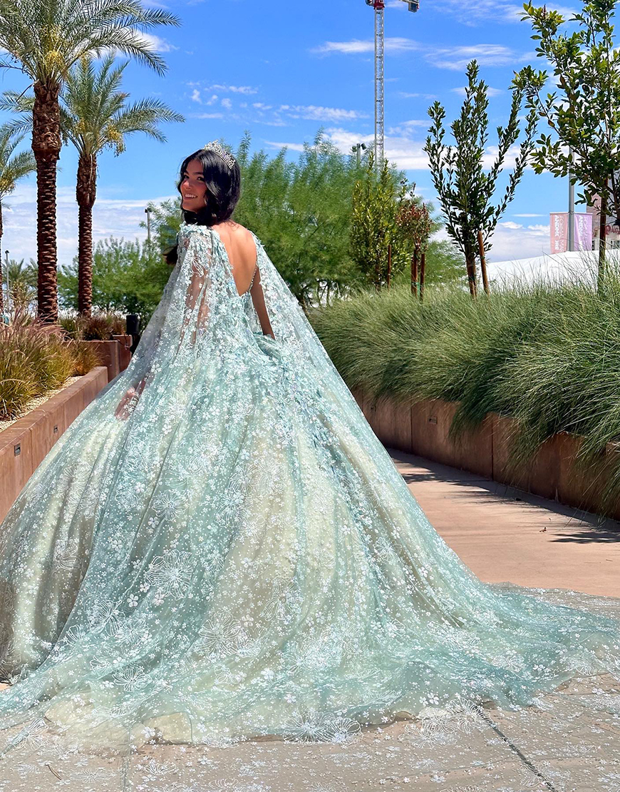 Sparkly Blush Champagne Spaghetti Straps Double Cape Corset Appliques Quinceanera Dress