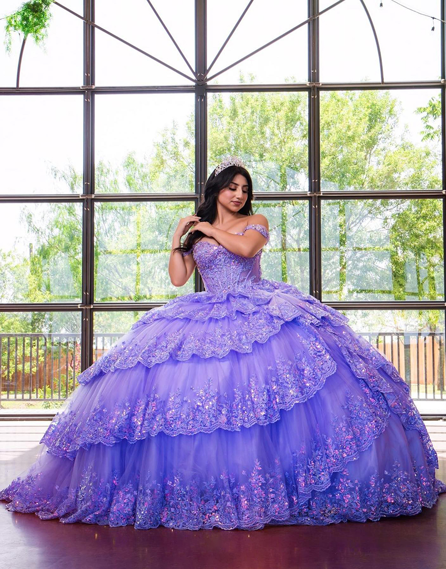 Sparkly Lavender Ball Gown Off the Shoulder Corset Ruffle Tulle Quinceanera Dress