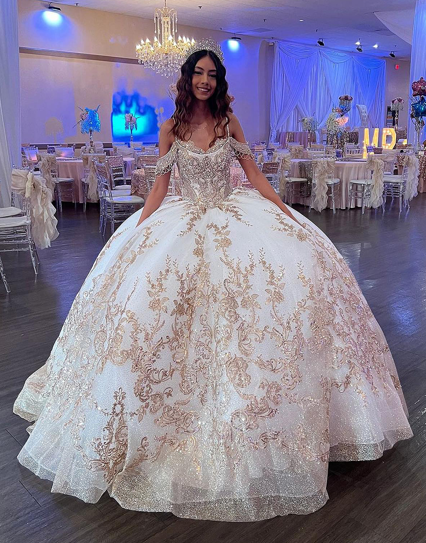 Sparkly Golden Ivory Cold Shoulder Sequined Appliques Tulle Quinceanera Dress
