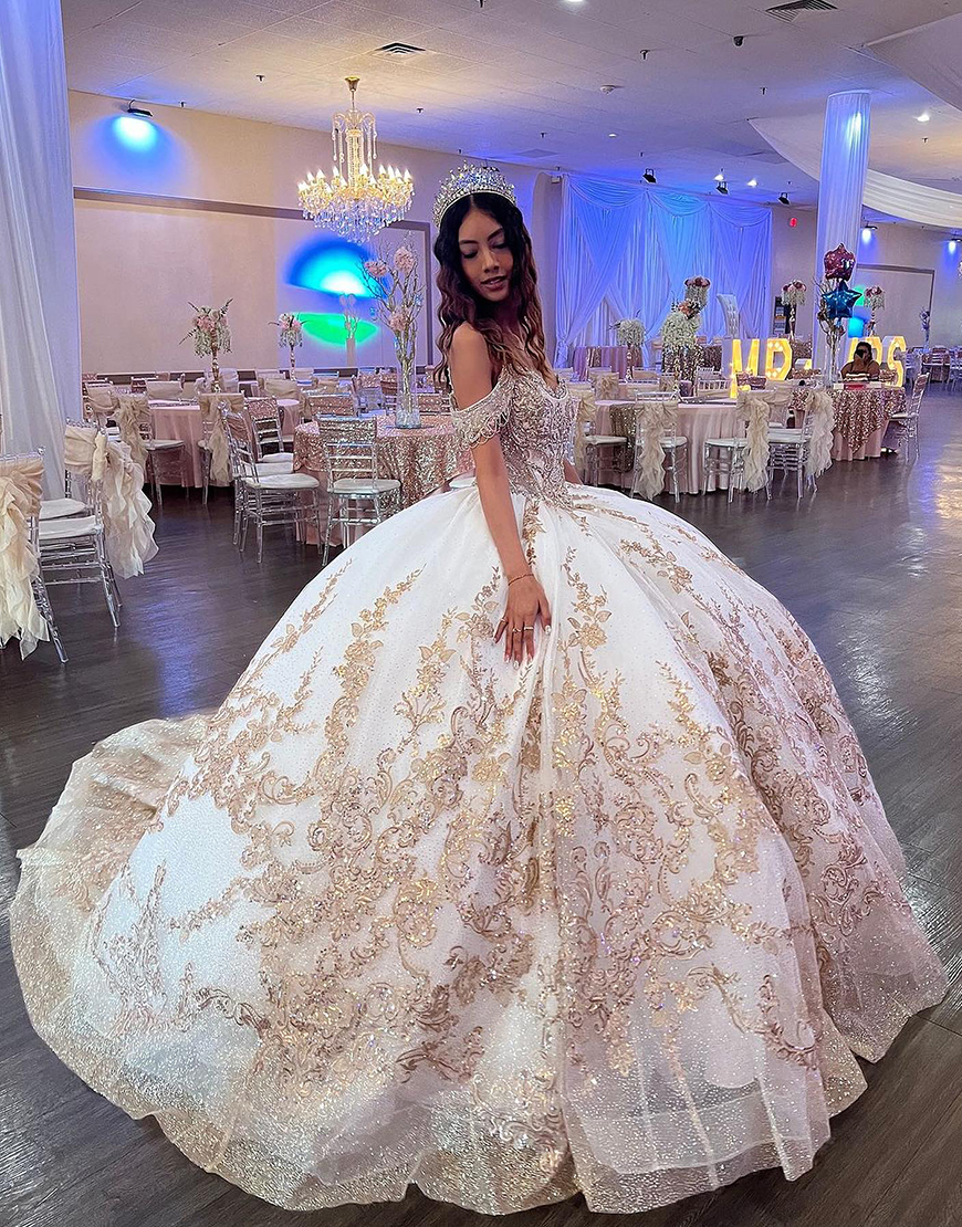 Sparkly Golden Ivory Cold Shoulder Sequined Appliques Tulle Quinceanera Dress