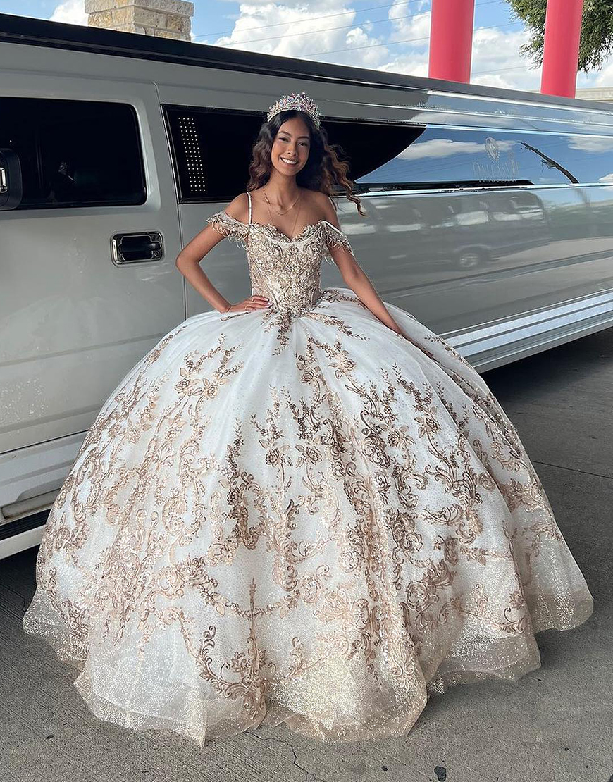 Sparkly Golden Ivory Cold Shoulder Sequined Appliques Tulle Quinceanera Dress