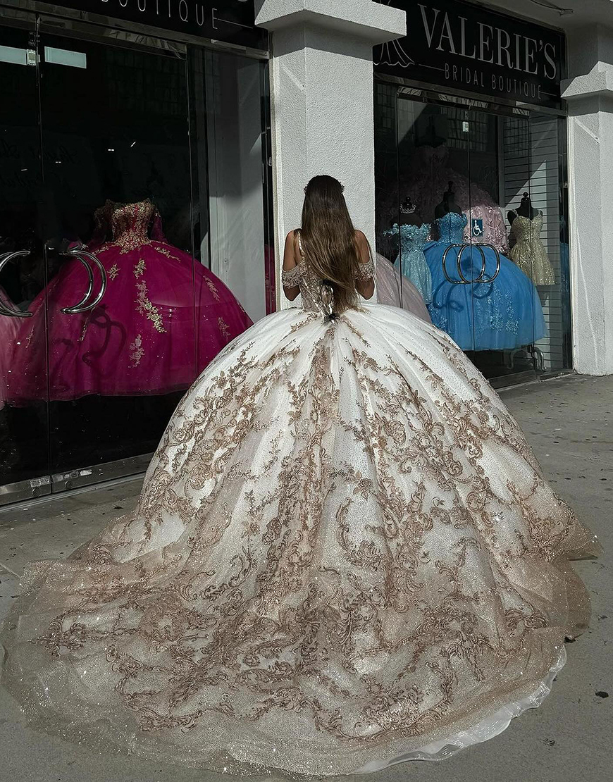 Sparkly Golden Ivory Cold Shoulder Sequined Appliques Tulle Quinceanera Dress