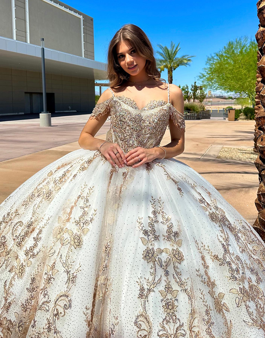 Sparkly Golden Ivory Cold Shoulder Sequined Appliques Tulle Quinceanera Dress