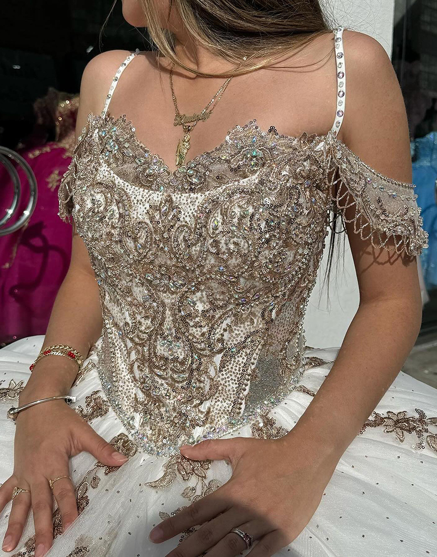 Sparkly Golden Ivory Cold Shoulder Sequined Appliques Tulle Quinceanera Dress