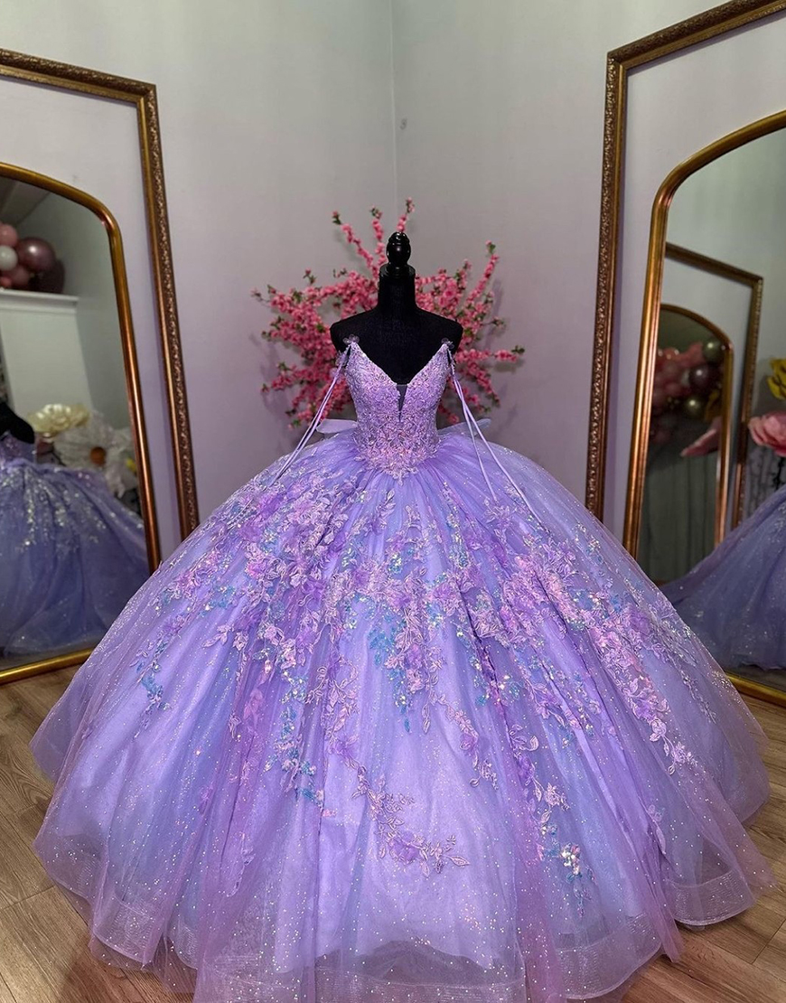 Sparkly Lavender Off the Shoulder Corset Appliques Tulle Quinceanera Dress with Bow