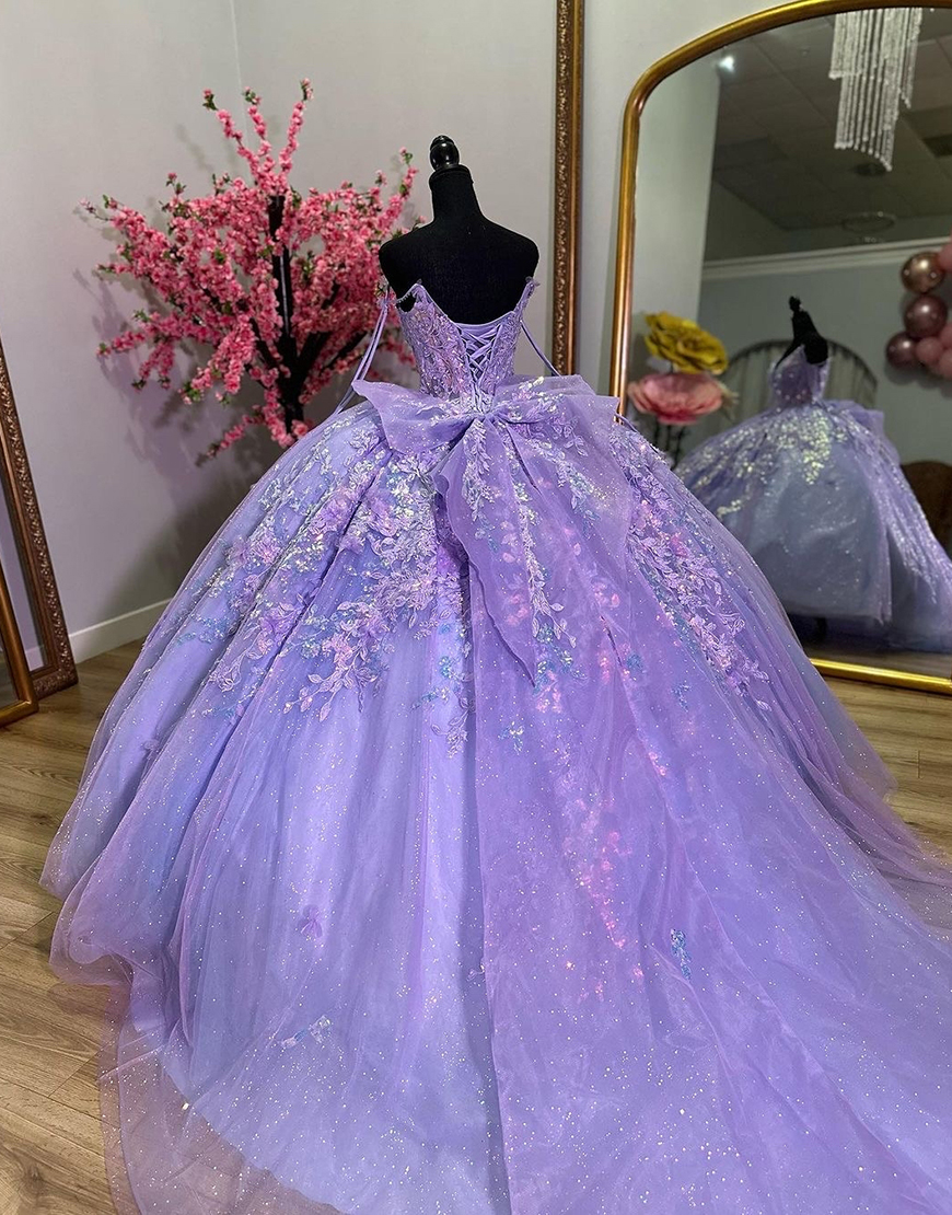 Sparkly Lavender Off the Shoulder Corset Appliques Tulle Quinceanera Dress with Bow