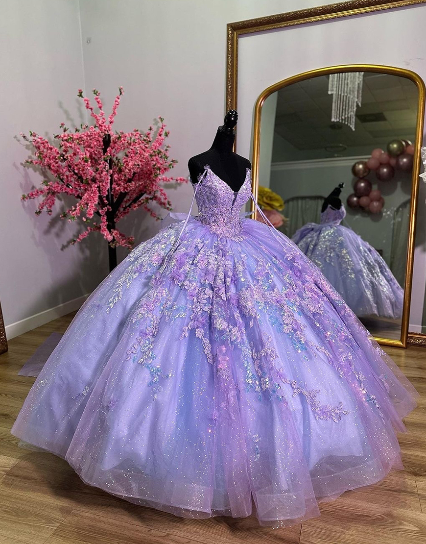 Sparkly Lavender Off the Shoulder Corset Appliques Tulle Quinceanera Dress with Bow