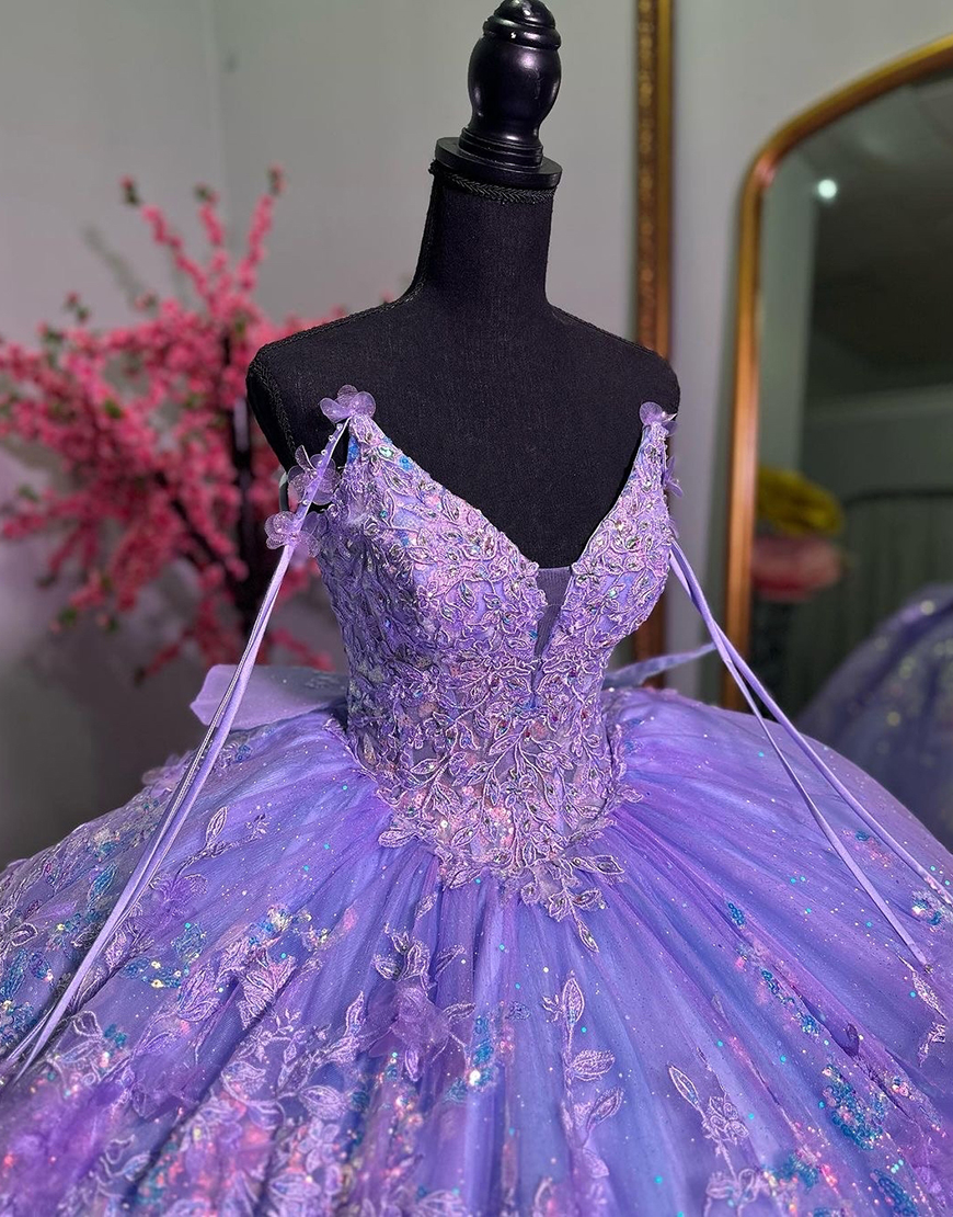 Sparkly Lavender Off the Shoulder Corset Appliques Tulle Quinceanera Dress with Bow