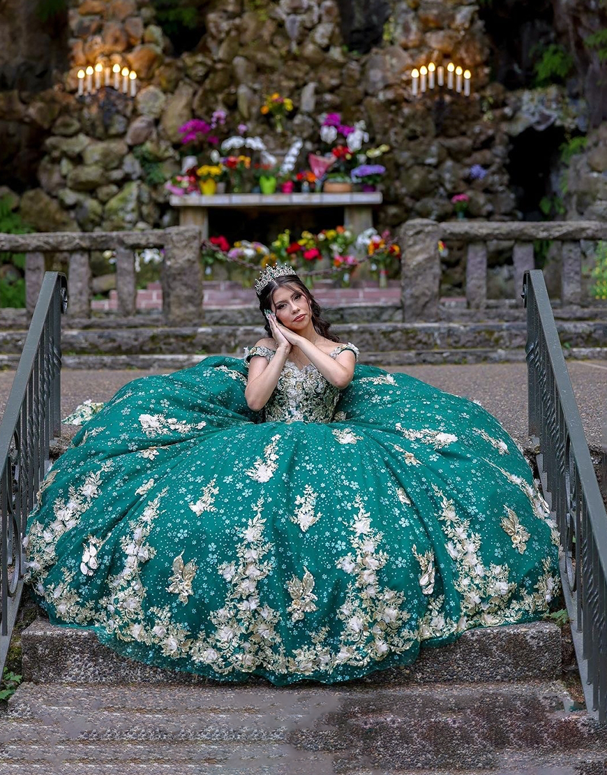 Sparkly Green Golden Ball Gown Off the Shoulder Appliques Tulle Quinceanera Dress