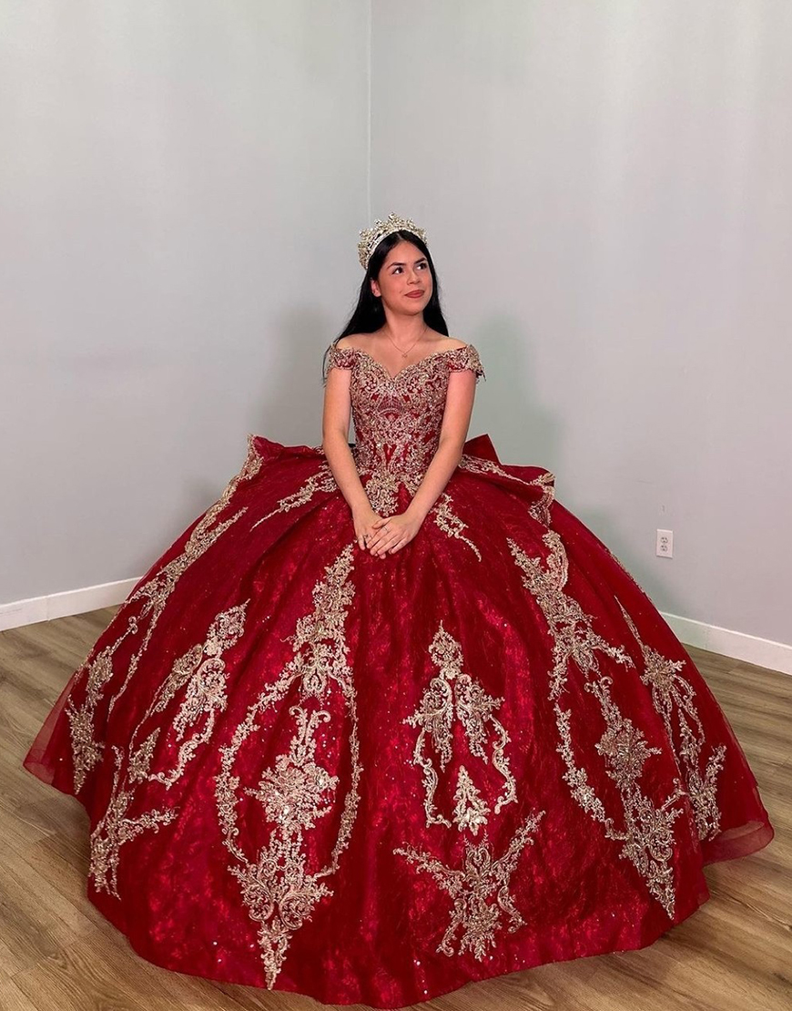 Sparkly Burgundy Ball Gown Off the Shoulder Appliques Ruffles Quinceanera Dress with Bow