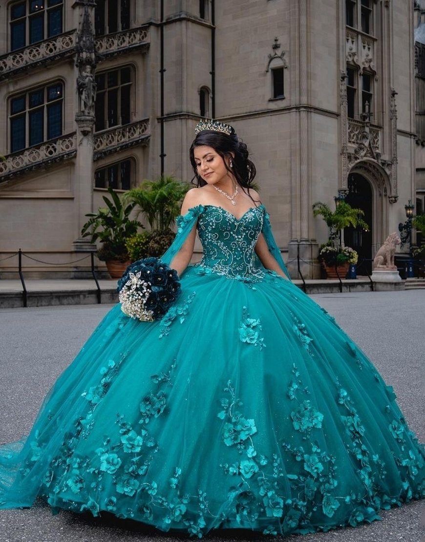 Sparkly Blue Ball Gown Off the Shoulder 3D Flowers Tulle Quinceanern Dress with Double Side Cape