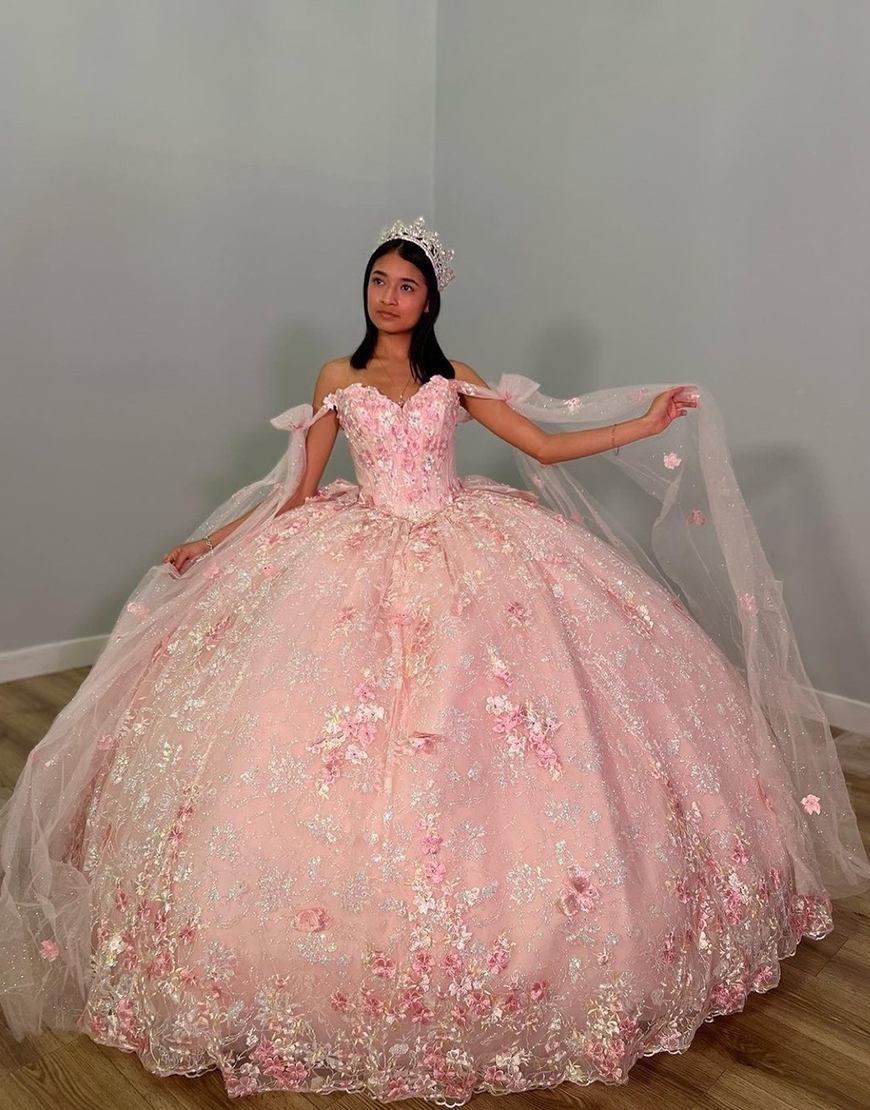 Sparkly Dusty Rose Bow Tie Off the Shoulder Rhinestones Appliques Corset Tulle Quinceanera Dress with Bow