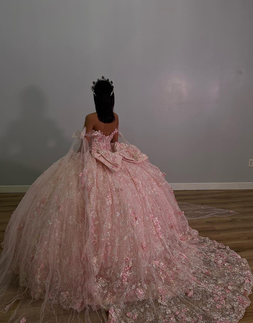 Sparkly Dusty Rose Bow Tie Off the Shoulder Rhinestones Appliques Corset Tulle Quinceanera Dress with Bow