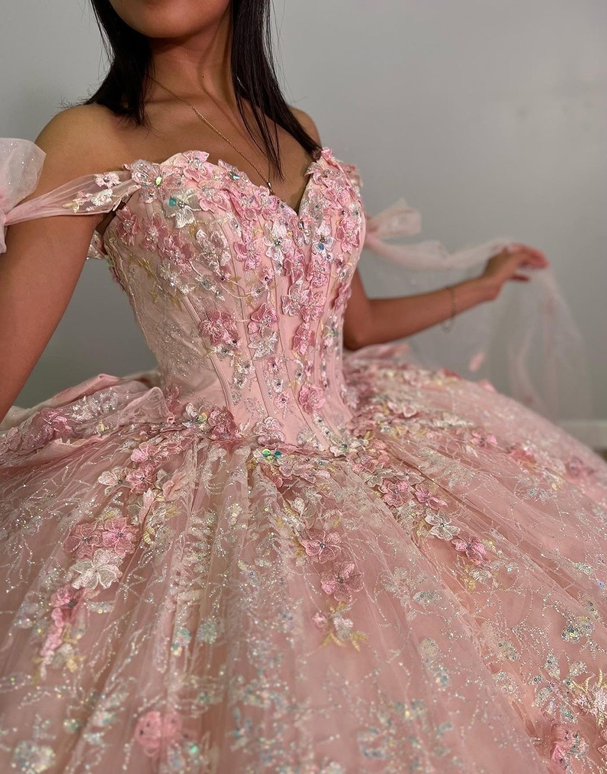 Sparkly Dusty Rose Bow Tie Off the Shoulder Rhinestones Appliques Corset Tulle Quinceanera Dress with Bow