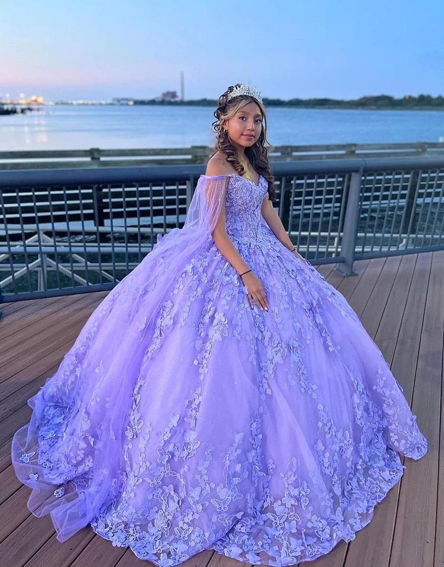 Sparkly Lavender Off the Shoulder Appliques Corset Tulle Quinceanera Dress with Double Side Cape