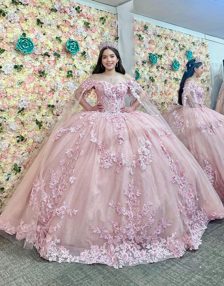 Sparkly Dusty Rose Off the Shoulder Rhinestones Appliques Corset Ruffles Tulle Quinceanera Dress 